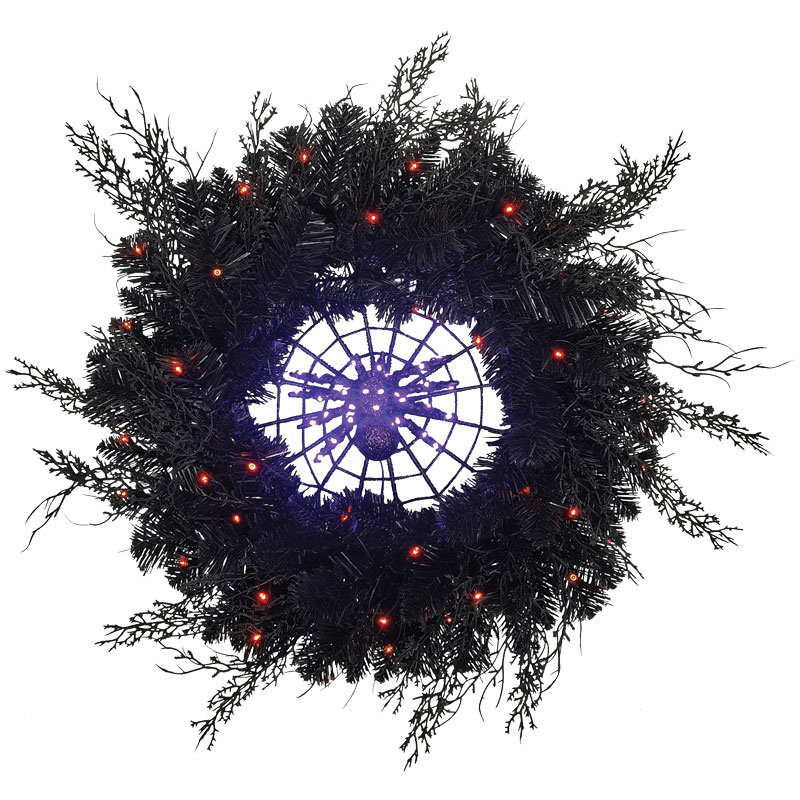 24" Celebrations Orange Purlple LED Prelit Black Spider Wreath