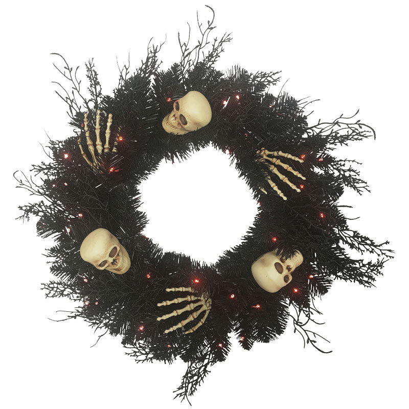 24" Celebrations Orange Purple LED Prelit Black Skull Wreath