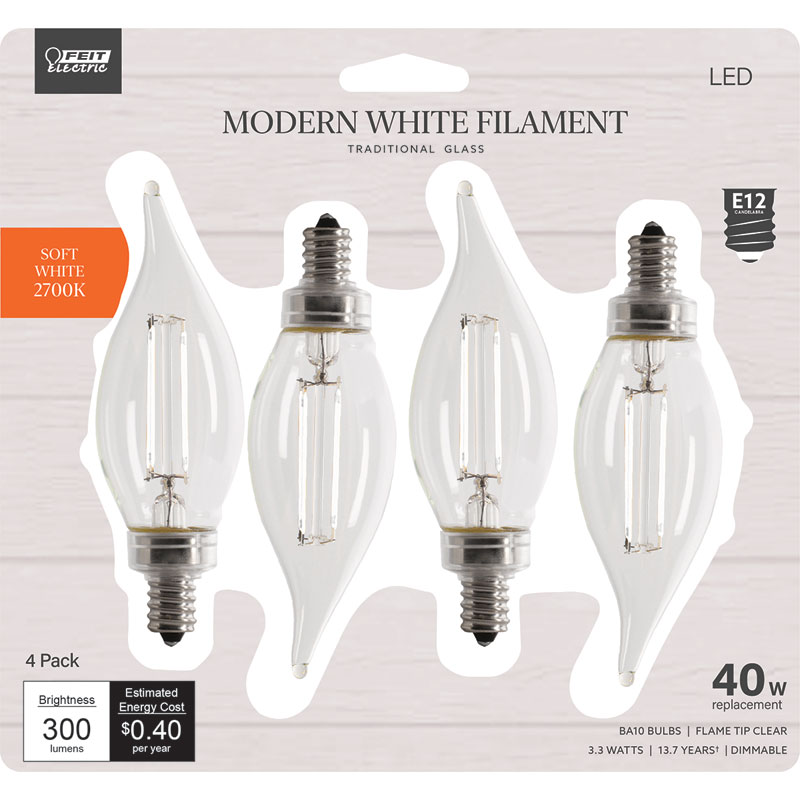 4 Pk. Feit BA10 E12 Candelabra Filamnet LED Bulb Soft White