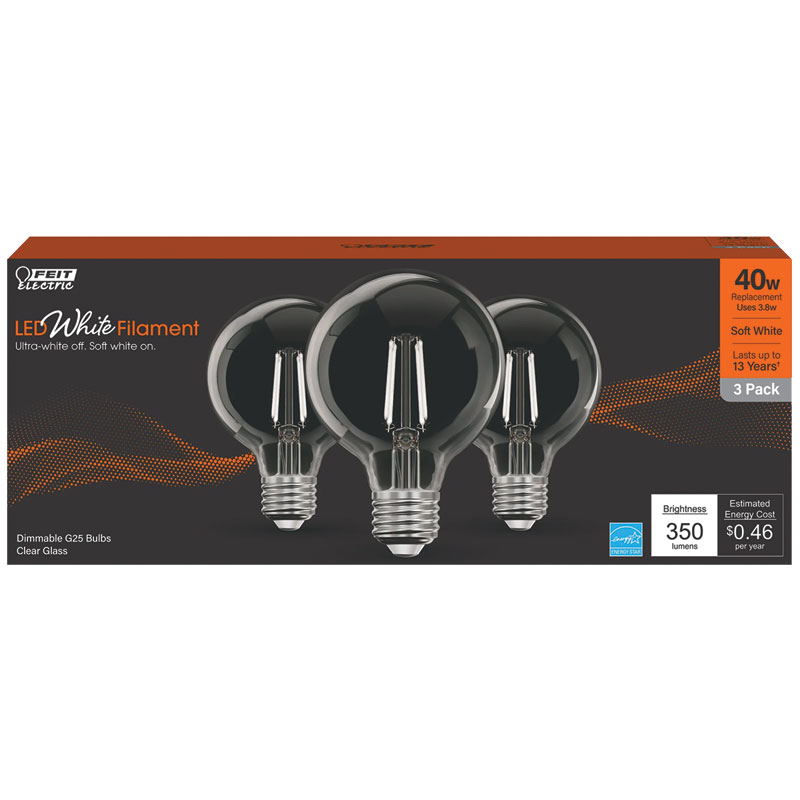 3 Pk. Feit White G25 E26 Filament LED Bulb Soft White