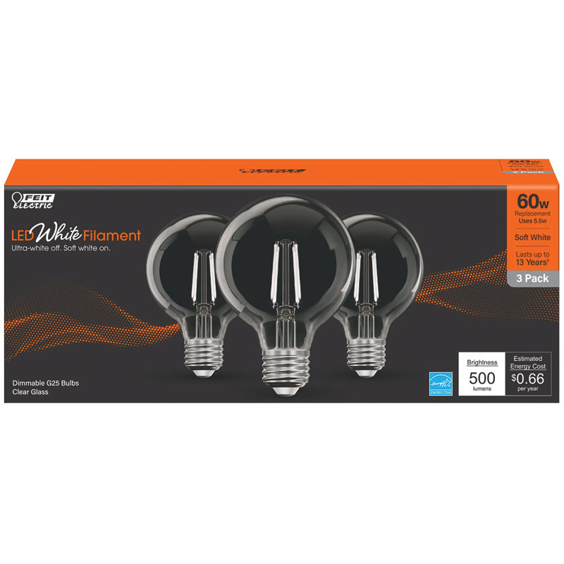 3 Pk. Feit White G25 E26 Filament LED Bulb Soft White 60W Equivalent