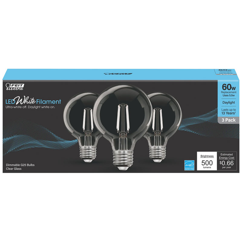 3 Pk. Feit White G25 E26 Filament LED Bulb Daylight 60W Equvalent